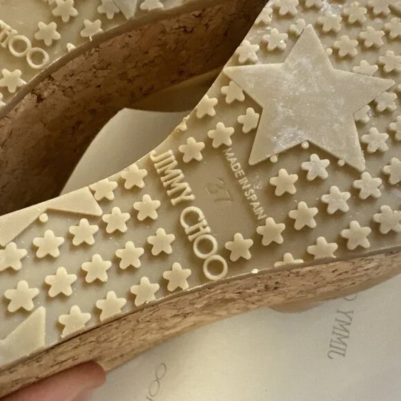 Jimmy Choo Nude Patent Leather Prima Cork Wedge Platform Sandals - Picture 6 of 6